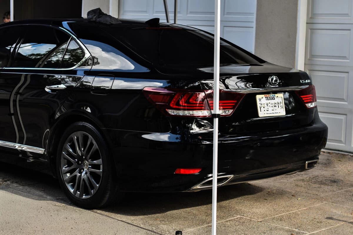 The LS460 from the rear three-quarter after correction and coating