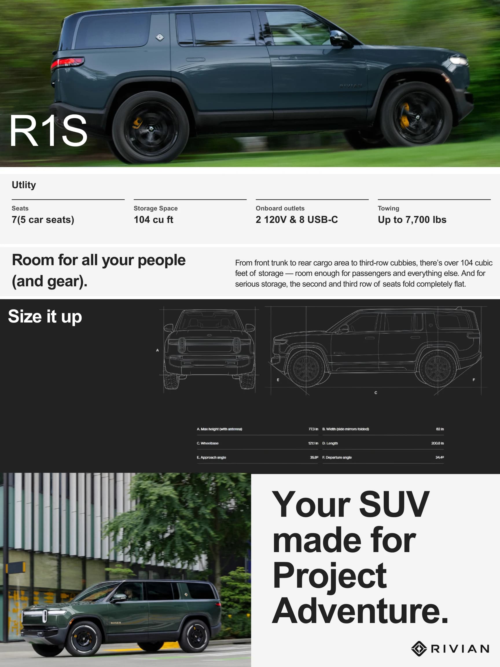 Project Adventure poster for the Rivian R1S: specs, size diagrams and 'Your SUV made for Project Adventure'