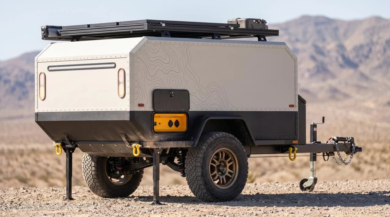 Concept of the Adventure Grid trailer: an off-road trailer with a topographic-line panel, an orange power port and a roof rack, parked in the desert