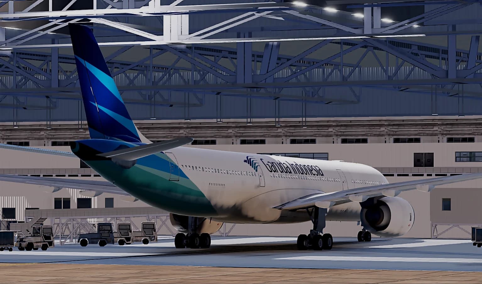 A Garuda Indonesia widebody in a maintenance hangar, in Devansh's livery