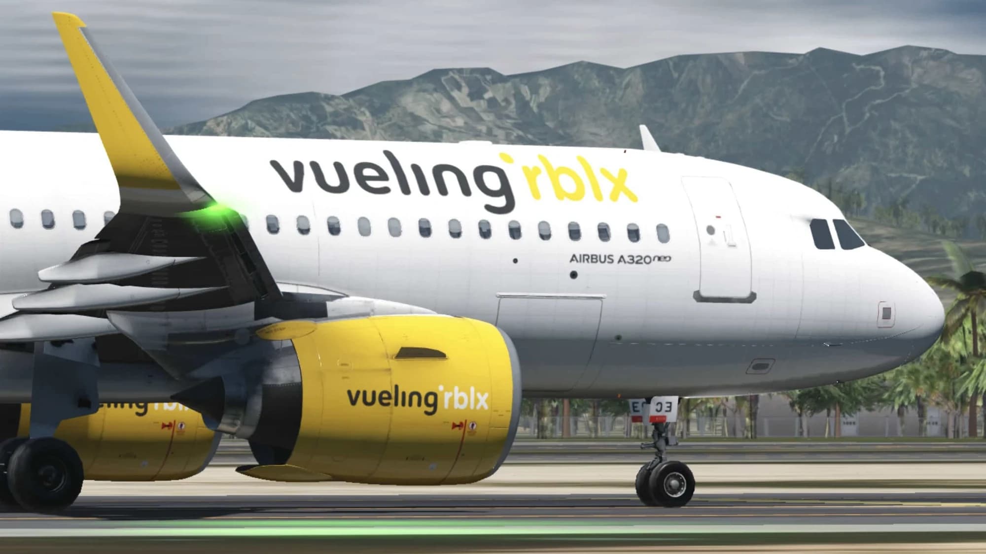 Close-up of a Vueling Airbus A320neo with yellow engines, lettered 'vueling rblx'