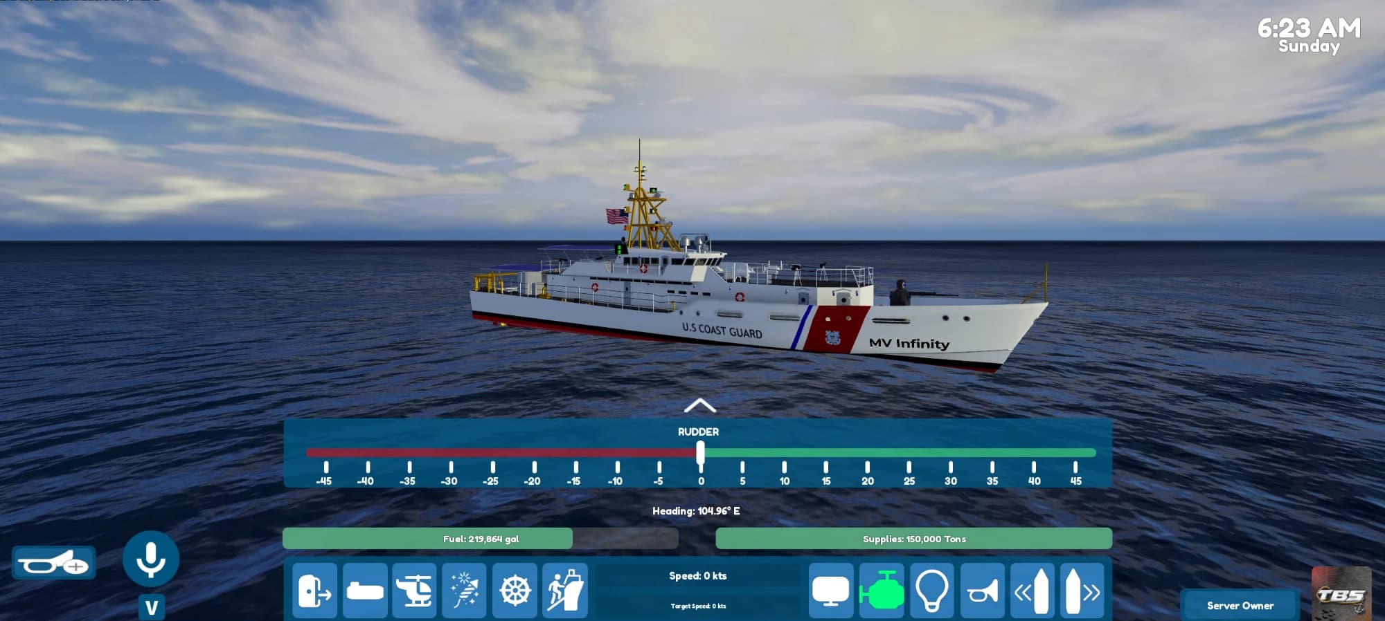 In-game view of a coast guard cutter with the ship-control HUD: rudder scale, fuel and supply bars, and an icon toolbar