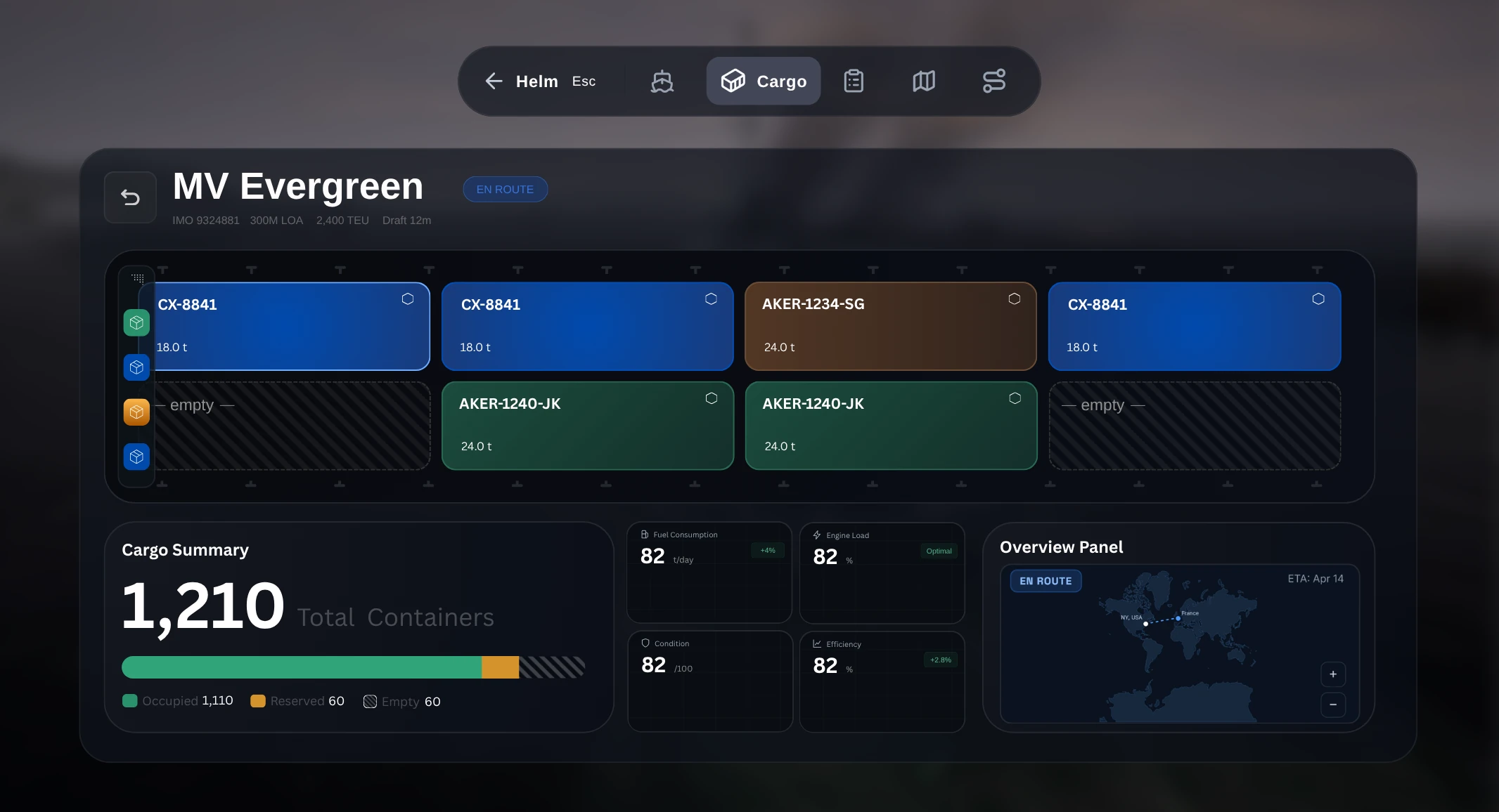 Cargo screen for the MV Evergreen: a grid of container slots by weight, a cargo summary of 1,210 containers, engine stats and a route map from New York to France