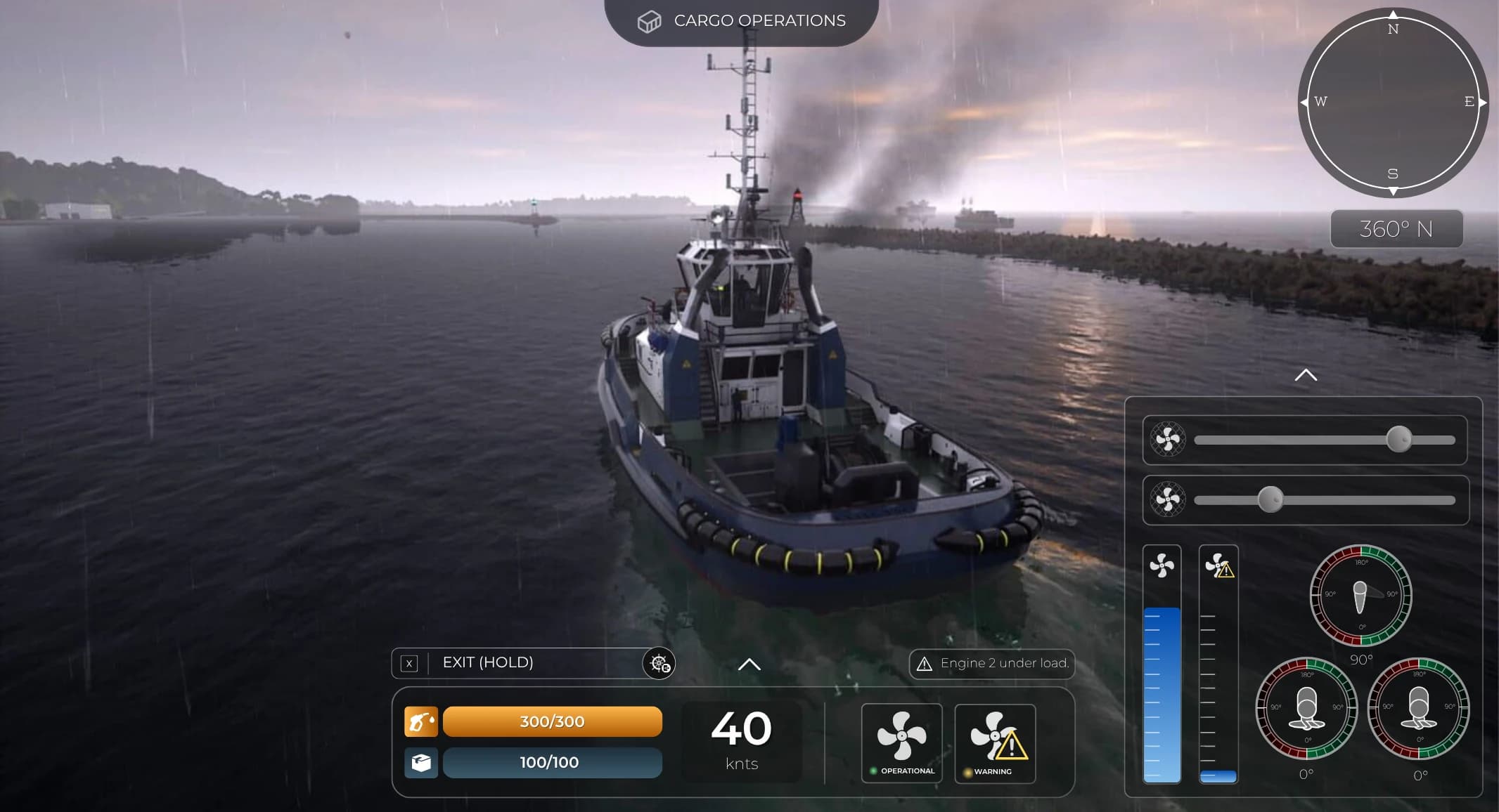 In-game HUD on a tugboat at dusk: twin throttle sliders, azimuth thruster dials, a compass, fuel and cargo bars, speed in knots and an engine warning