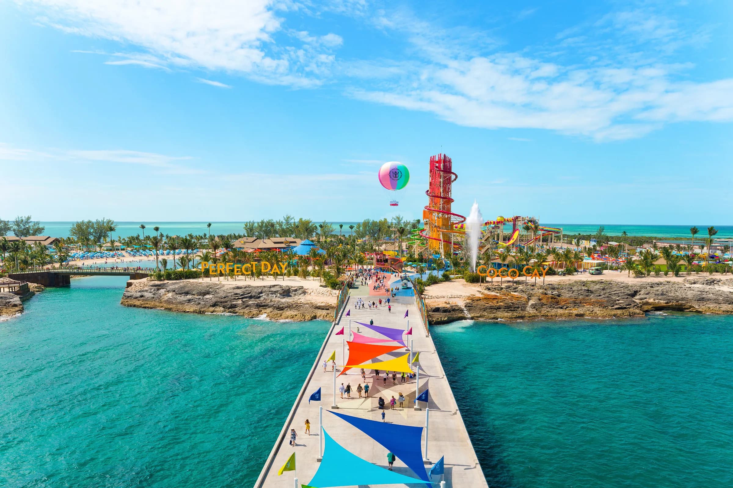 Aerial view of the arrivals plaza at Perfect Day at CocoCay