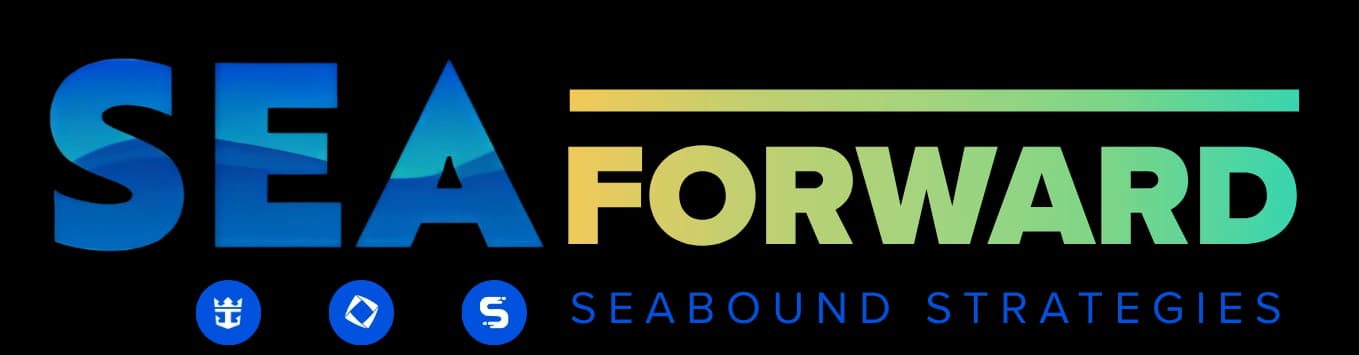 The SEAFORWARD wordmark: SEA in ocean blue, FORWARD in a yellow to green gradient, with 'Seabound Strategies' underneath